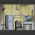 Cartoon Kitchen Scene With Yellow Wood Patterned Walls Vintage Refrigerator And Wooden Table
