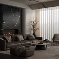 Elegant Modern Living Room With Gray Sofa Round Coffee Table And Black Marble Fireplace