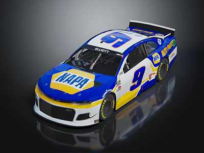 MOPAR Number 9 Racing Car Blue Yellow White NASCAR Style Aerodynamic Design With Rear Wing 3d model
