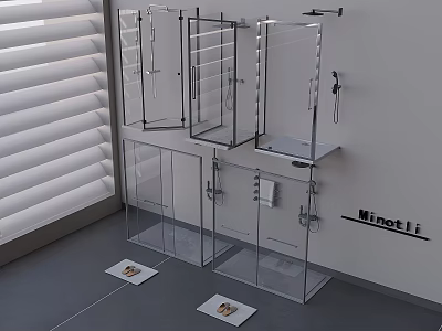 Modern Shower Head Setup in Bathroom with Transparent Glass Partition and Minotti Storage Shelf 3d model