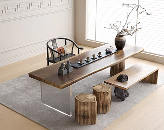 New Chinese Tea Table and Chair Stool Bench Tea Set Tea Chair 3d model