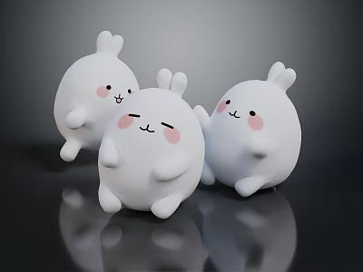 Group Of Three Cute White Cartoon Rabbit Dolls With Blush Cheeks And Smiling Faces 3d model