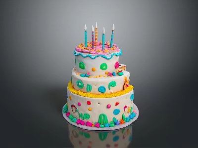 Colorful Three Tier Birthday Cake with Candles and Cactus Decorations on Black Background 3d model