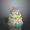Colorful Three Tier Birthday Cake with Candles and Cactus Decorations on Black Background