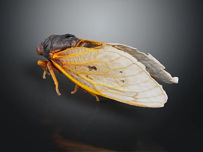 Macro View Of Cicada With Red Eyes Transparent Wings Yellow Edges And Black Body 3d model