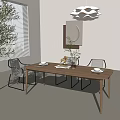 Modern Dining Table Set With Wooden Top Gray Chairs Pendant Light And Wall Art