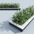 Decorative Shrubs in Rectangular Stone Planters with Green Leaves and Pink Flowers 3d model