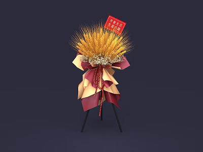Wheat Bouquet With Red And Beige Wrapping Paper Red Tag On Black Tripod Stand 3d model