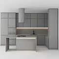 Modern Kitchen With Gray Cabinets Central Island Black Countertop And Range Hood