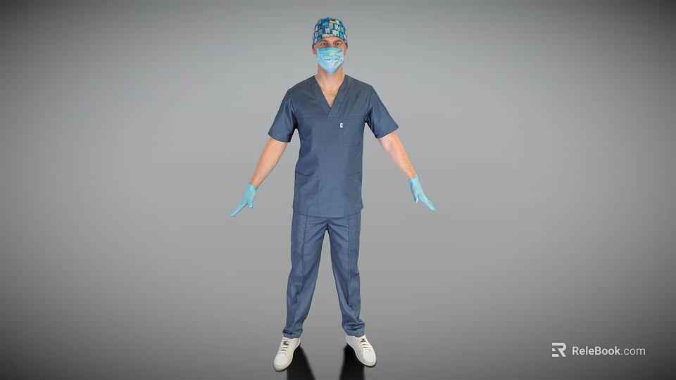 Man Wearing Blue Scrub Suit Blue Face Mask Gloves and White Shoes on Grey Background 3d model 
