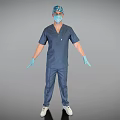 Man Wearing Blue Scrub Suit Blue Face Mask Gloves and White Shoes on Grey Background