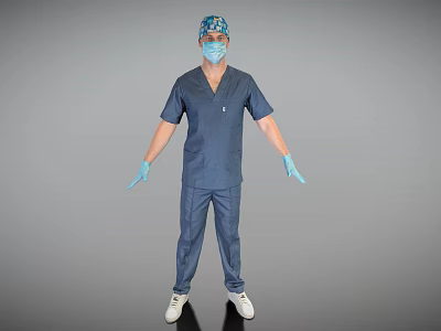 Man Wearing Blue Scrub Suit Blue Face Mask Gloves and White Shoes on Grey Background 3d model
