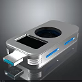 Sleek Silver USB Flash Drive With Round Component Rectangular Screen And Blue Stripes
