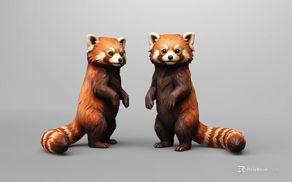 Detailed Red Panda Sculptures Standing With Brown Orange Fur And Striped Tails 3d model 
