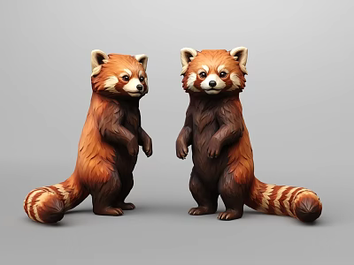 Detailed Red Panda Sculptures Standing With Brown Orange Fur And Striped Tails 3d model