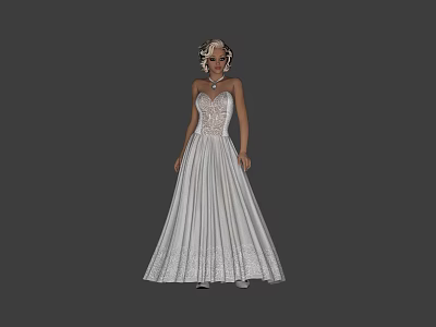 Elegant Woman In White Strapless Long Dress With Intricate Lace Design And Updo Hairstyle 3d model