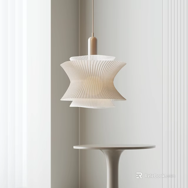 Modern Pendant Light With Pleated Layered Design Hanging Above Small Round Table Against White Wall 3d model 