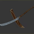 Decorative Curved Blade Weapon With Brown Handle And Ornate Scabbard