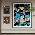 Vibrant Superhero Character Painting Featuring Multiple Batman Faces On Modern Interior Wall 3d model