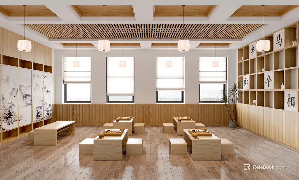 Modern School Classroom Interior With Wooden Furniture Windows Bookshelves And Pendant Lights 3d model 