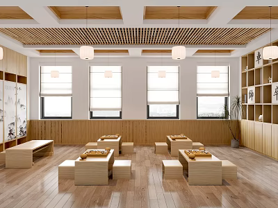 Modern School Classroom Interior With Wooden Furniture Windows Bookshelves And Pendant Lights 3d model