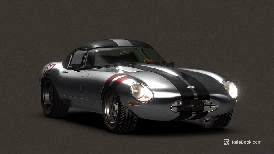 Silver Vintage Sports Car With Black Stripes Sleek Body Round Headlights And Black Roof 3d model 