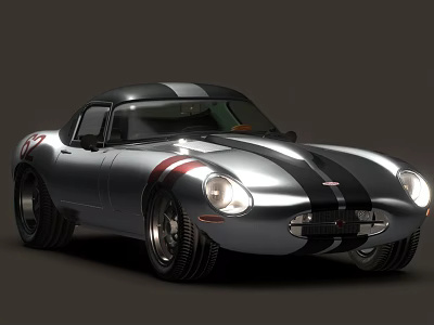 Silver Vintage Sports Car With Black Stripes Sleek Body Round Headlights And Black Roof 3d model