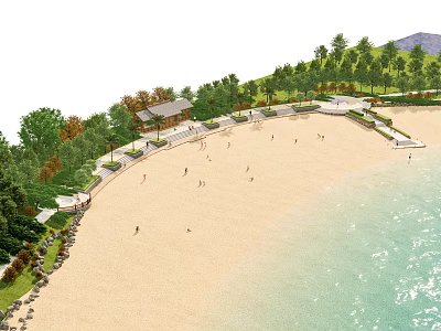 Waterfront Landscape Design With Sandy Beach Green Trees Pavilion And Walking Pathways 3d model