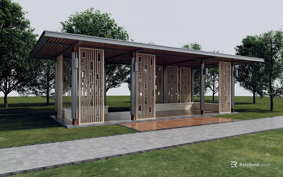 Outdoor Wooden Pavilion With Lattice Panels Benches And Stone Pavement In Grassland Surrounded By Trees 3d model 