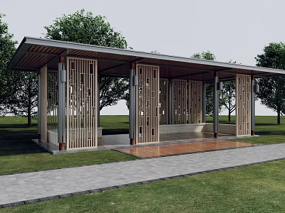 Outdoor Wooden Pavilion With Lattice Panels Benches And Stone Pavement In Grassland Surrounded By Trees 3d model