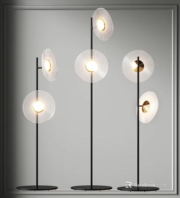 Elegant Modern Floor Lamps With Circular Transparent Glass Shades Black Poles And Metallic Accents 3d model 