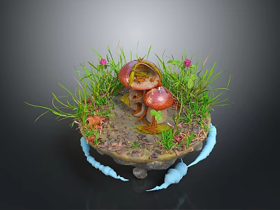 Miniature Garden Plants With Red Mushrooms Green Grass And Small Flowers 3d model