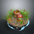 Miniature Garden Plants With Red Mushrooms Green Grass And Small Flowers