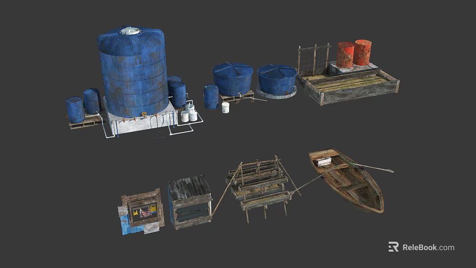 Rustic Wooden Boat with Bamboo Frames Barrels and Wooden Platform Near Water Tank 3d model 
