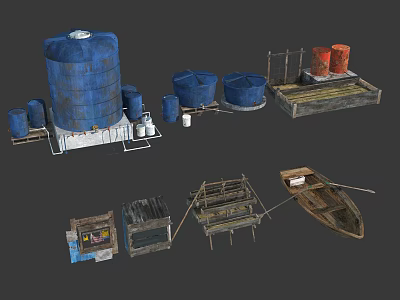 Rustic Wooden Boat with Bamboo Frames Barrels and Wooden Platform Near Water Tank 3d model