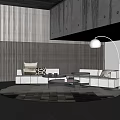 Modern Living Room Interior With Sofas Coffee Tables Round Rug And Arc Floor Lamp