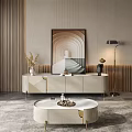 Modern Living Room TV Stand With White Surface Gold Legs Decorative Painting And Floor Lamp