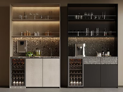 Modern Wine Cabinet Design With Dual Tone Finish Wine Racks Glasses And Coffee Machine 3d model