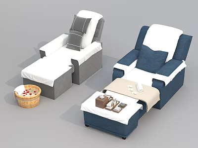 Modern Gray Blue Massage Bed With White Cushion Wooden Bucket Petals And Side Table 3d model