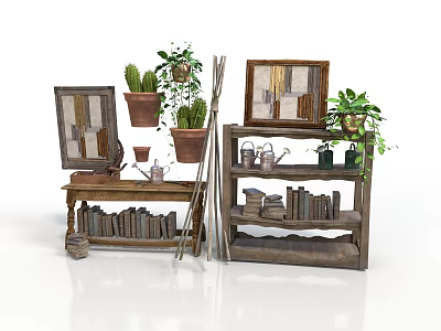 Vintage Wooden Bookshelves Display With Potted Plants Decorative Frames And Books 3d model