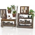 Vintage Wooden Bookshelves Display With Potted Plants Decorative Frames And Books