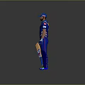 Man In Blue Cricket Uniform With Slice Logo Holding CWC Bat Standing