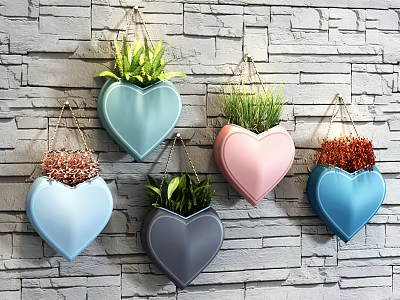 Colorful Heart Shaped Hanging Planters With Blue Pink Gray And Green Plants On Brick Wall 3d model