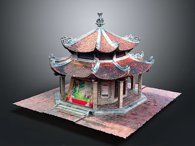 Traditional Chinese Pavilion With Red Tiled Roof Upturned Eaves And Stone Base 3d model