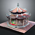 Traditional Chinese Pavilion With Red Tiled Roof Upturned Eaves And Stone Base