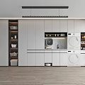 Home Balcony Laundry Space With White Cabinets Washing Machine Dryer Storage Shelves And Wooden Floor