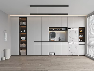 Home Balcony Laundry Space With White Cabinets Washing Machine Dryer Storage Shelves And Wooden Floor 3d model
