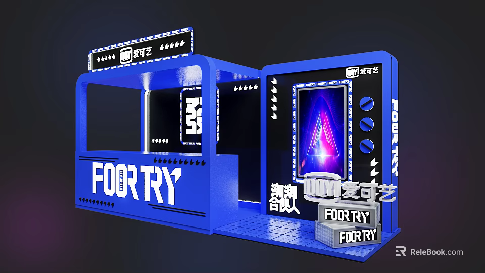 FOBTRY Booth With Blue Design Purple Triangle Screen And Brand Box 3d model