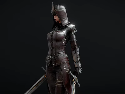 Hooded Fantasy Warrior Character In Dark Detailed Armor With Dual Swords 3d model