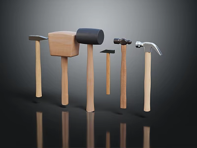 Assorted Hardware Hammers with Wooden Handles and Various Head Styles for DIY 3d model